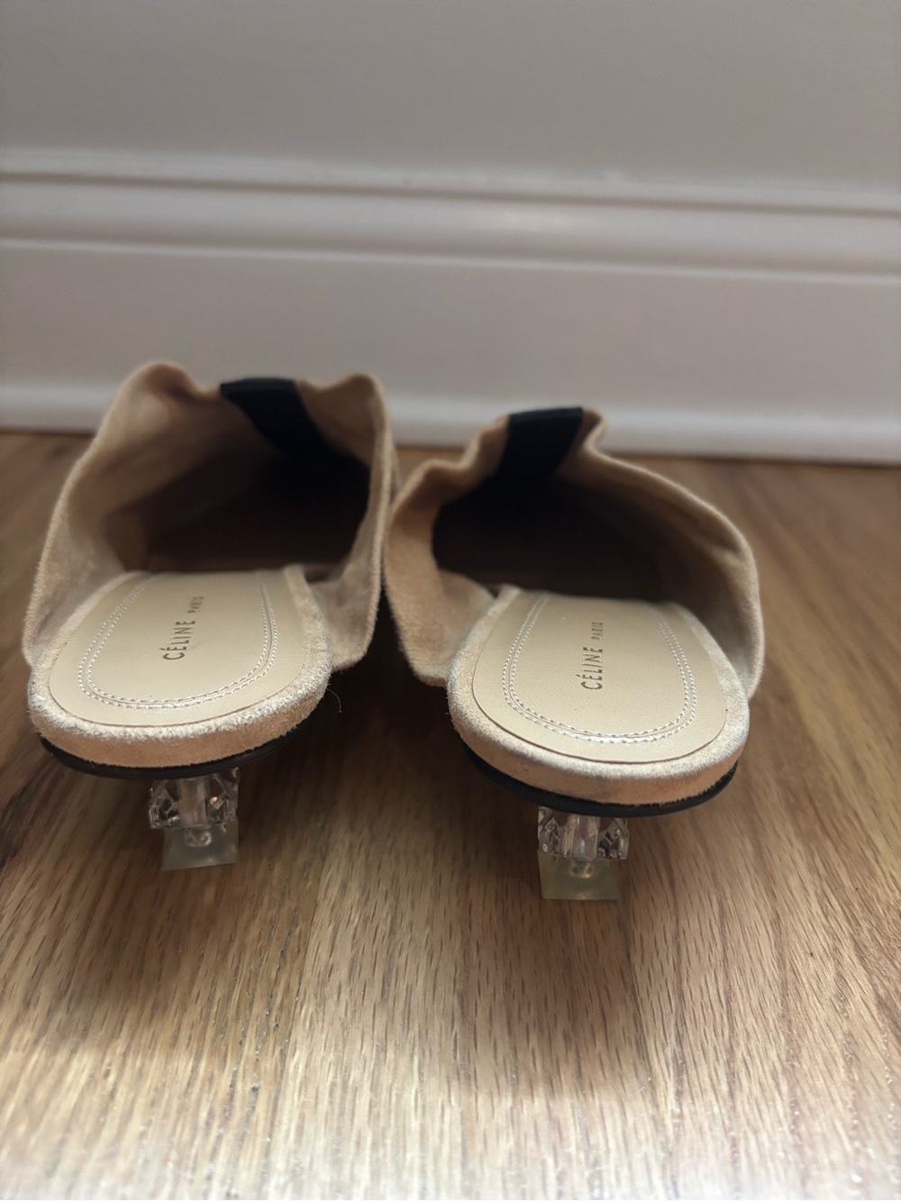 Celine Cream Pointed-Toe Slip-On Mules with Black Stripe - Picture 5 of 7